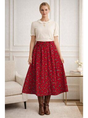 Vintage Bryn Connolly Skirt 14 Red Equestrian Horse Print Button Midi 33”